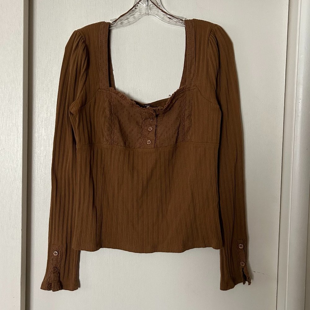 Free People Ribbed Square Neck Top, Earth Brown, Size L